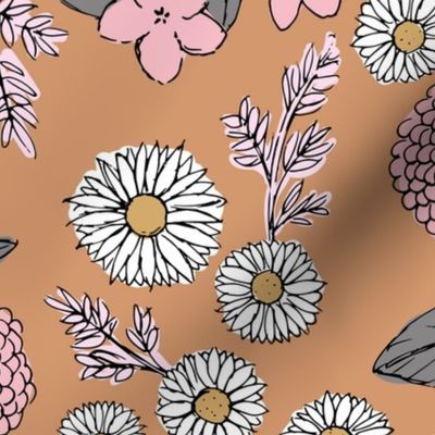 Little sketched wild flowers garden boho daffodil daisies and hydrangea flowers and leaves spring nursery caramel burnt orange vintage pink JUMBO