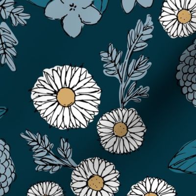 Little sketched wild flowers garden boho daffodil daisies and hydrangea flowers and leaves spring nursery navy blue white JUMBO