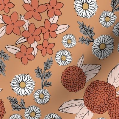 Little sketched wild flowers garden boho daffodil daisies and hydrangea flowers and leaves spring nursery caramel burnt orange vintage red