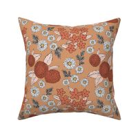 Little sketched wild flowers garden boho daffodil daisies and hydrangea flowers and leaves spring nursery caramel burnt orange vintage red