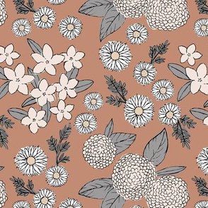 Little sketched wild flowers garden boho daffodil daisies and hydrangea flowers and leaves spring nursery neutral caramel beige sand gray. 