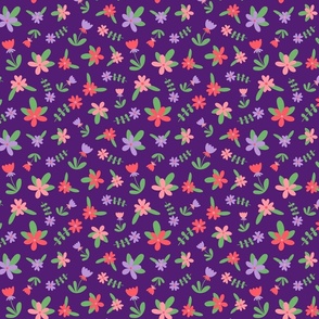 Cute lavender, pink, and salmon flowers, green leaves, on a purple background