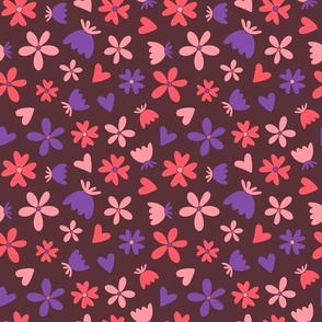 Cute pink, salmon, and purple flowers on an eggplant background