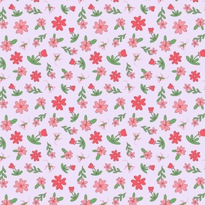 Cute pink and salmon flowers, green grasshoppers, lavender background