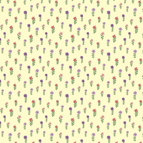 Cute pink, purple, lavender, & salmon abstract retro flowers, green leaves, yellow background