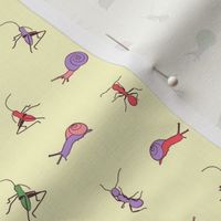 Cute ants, snails, and grashoppers (insects) in pink, lavender, salmon, and green