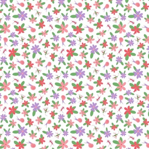 Cute pink and lavender retro flowers with ants, snails, and grashoppers (insects)