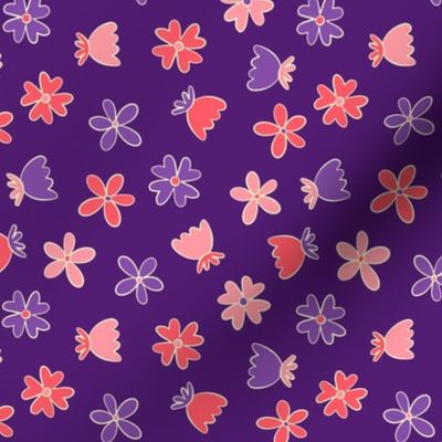 Cute purple and pink retro flowers on a purple background