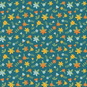 Cute orange, blue, and yellow flowers, green leaves, on a teal background