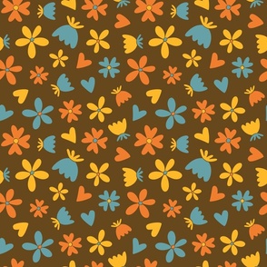 Cute orange, teal, and yellow flowers on a brown background