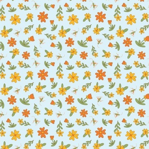 Cute orange and yellow flowers, green grasshoppers, blue background