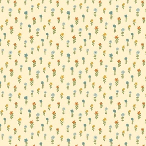 Cute blue, teal, orange, & yellow abstract retro flowers, green leaves on a cream background