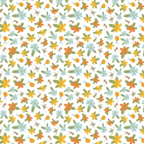 Cute blue, orange, and yellow retro flowers with ants, snails, and grashoppers (insects)
