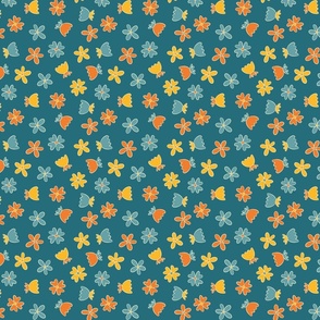Cute blue, orange, and yellow retro flowers on a teal background