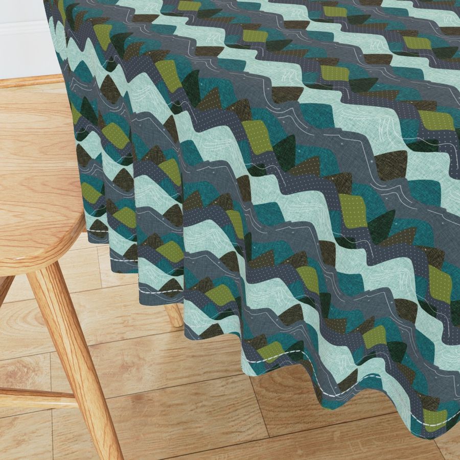 4"x4" seamlessly repeating layered mountains: olive x, summit, green olive, 165-8 x, blue pine, teal no. 2, 174-15 x, 174-15