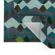 4"x4" seamlessly repeating layered mountains: olive x, summit, green olive, 165-8 x, blue pine, teal no. 2, 174-15 x, 174-15