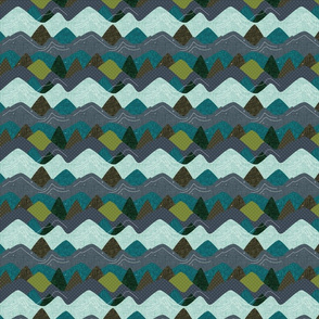 4"x4" seamlessly repeating layered mountains: olive x, summit, green olive, 165-8 x, blue pine, teal no. 2, 174-15 x, 174-15