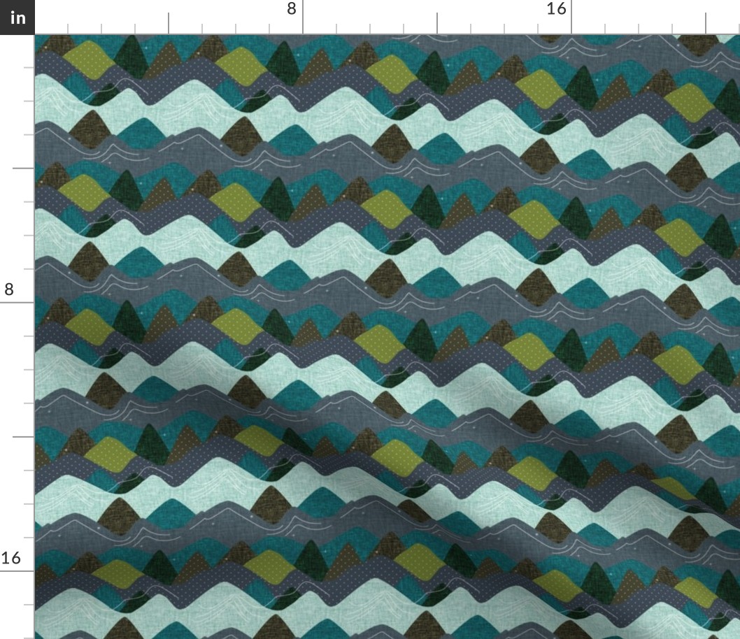 4"x4" seamlessly repeating layered mountains: olive x, summit, green olive, 165-8 x, blue pine, teal no. 2, 174-15 x, 174-15