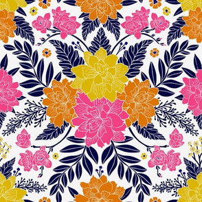 Bright Floral in Pink, Orange, Yellow & Navy