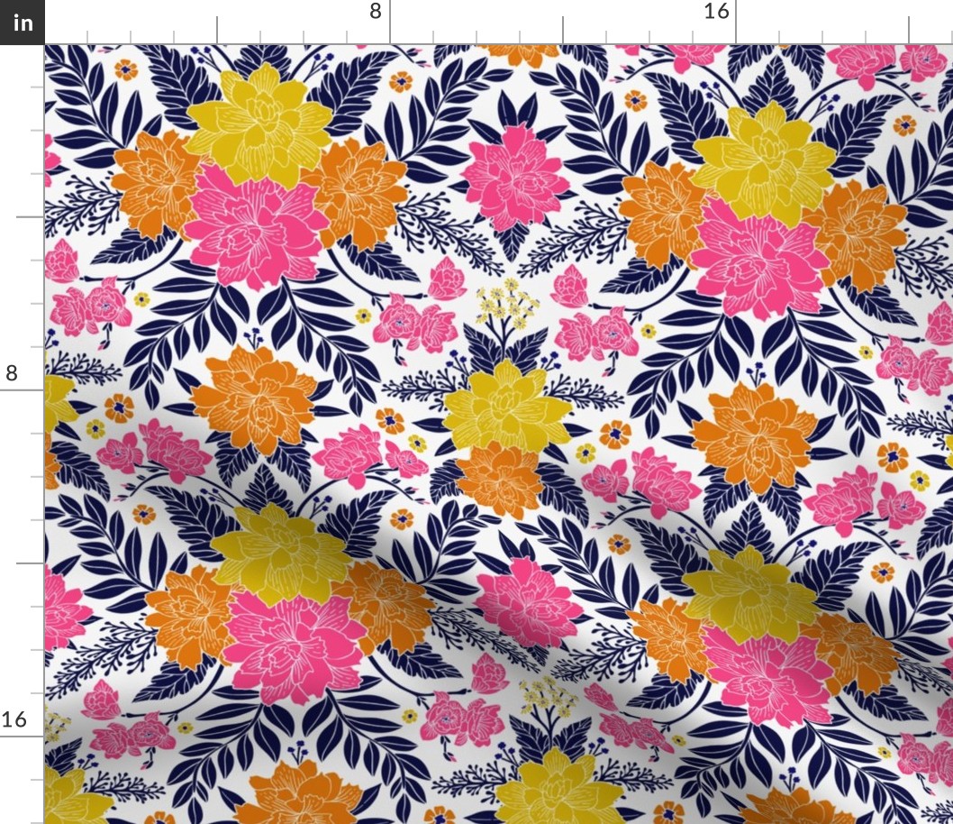 Bright Floral in Pink, Orange, Yellow & Navy