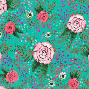 Painted Garden - Large Pink Flowers on Teal