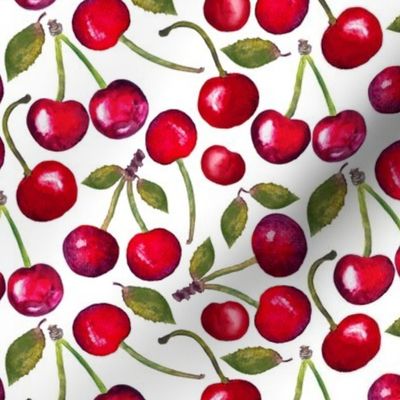 Bright Red Cherries Watercolor on White