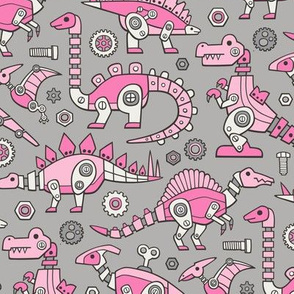 Robot Dinosaurs Pink on Grey