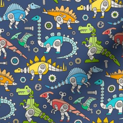 Robot Dinosaurs Multi Colours on Navy Dark Blue Smaller 3 inch