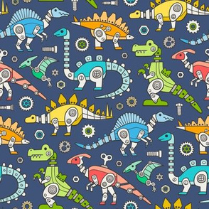 Robot Dinosaurs Multi Colours on Navy Dark Blue Smaller 3 inch