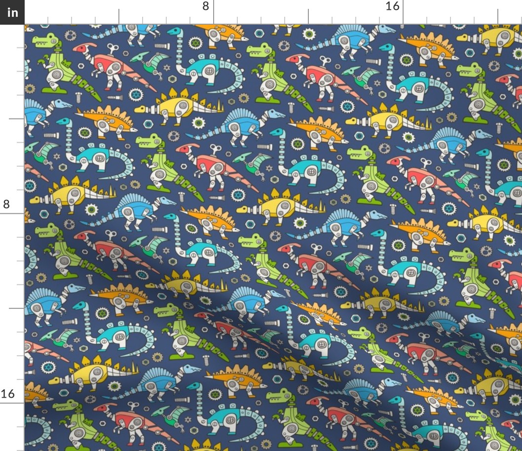 Robot Dinosaurs Multi Colours on Navy Dark Blue Smaller 3 inch