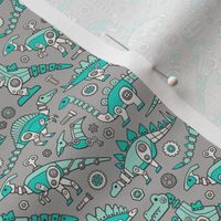 Robot Dinosaurs Green Mint on Grey Small Tiny 1,5 inch