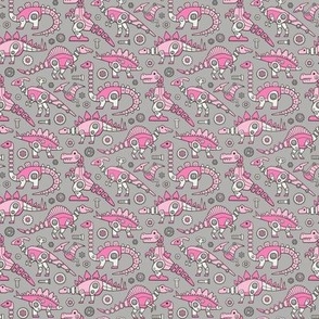 Robot Dinosaurs Pink on Grey Small Tiny 1,5 inch
