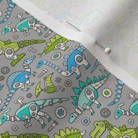 Robot Dinosaurs Mint, Blue & Green on Grey Small Tiny 1,5 inch