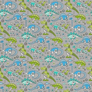 Robot Dinosaurs Mint, Blue & Green on Grey Small Tiny 1,5 inch