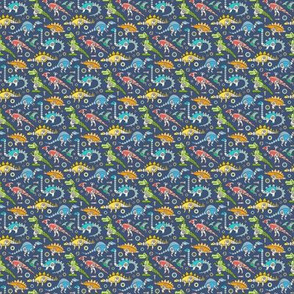 Robot Dinosaurs Multi Colours on Navy Dark Blue Tiny Small Micro 0,75 inch