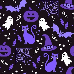 Large Halloween Ghosts Cats Pumpkins Bats Witch Hats Candy Spiders and Webs in White Black and Purple