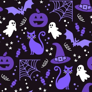 Large Scale Halloween Ghosts Cats Pumpkins Bats Witch Hats Candy Spiders and Webs in White Black and Purple