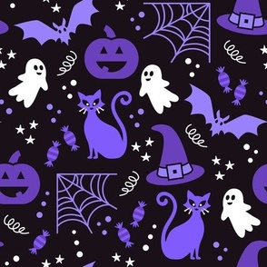 Medium Halloween Ghosts Cats Pumpkins Bats Witch Hats Candy Spiders and Webs in White Black and Purple