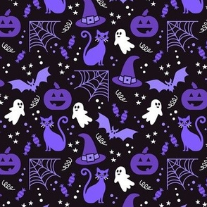 Small Halloween Ghosts Cats Pumpkins Bats Witch Hats Candy Spiders and Webs in White Black and Purple