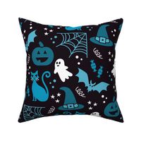 Large Halloween Ghosts Cats Pumpkins Bats Witch Hats Candy Spiders and Webs in White Black and Blue