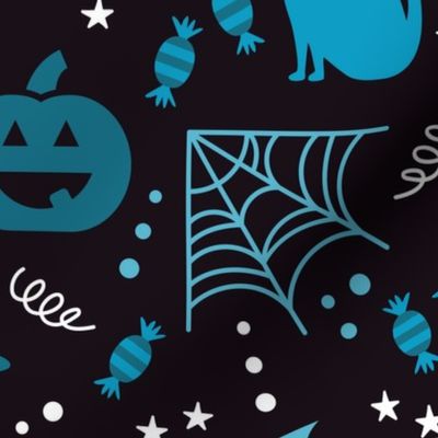 Large Halloween Ghosts Cats Pumpkins Bats Witch Hats Candy Spiders and Webs in White Black and Blue