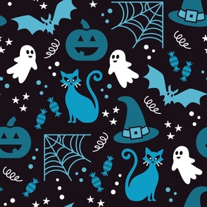 Large Halloween Ghosts Cats Pumpkins Bats Witch Hats Candy Spiders and Webs in White Black and Blue