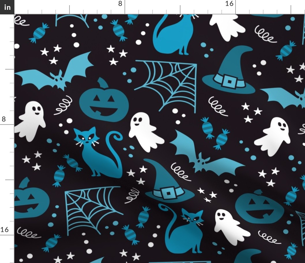 Large Halloween Ghosts Cats Pumpkins Bats Witch Hats Candy Spiders and Webs in White Black and Blue