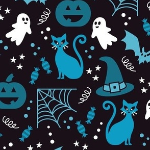 Medium Halloween Ghosts Cats Pumpkins Bats Witch Hats Candy Spiders and Webs in White Black and Blue