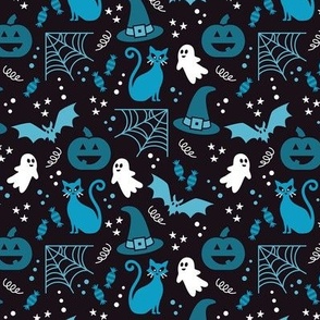 Small Halloween Ghosts Cats Pumpkins Bats Witch Hats Candy Spiders and Webs in White Black and Blue
