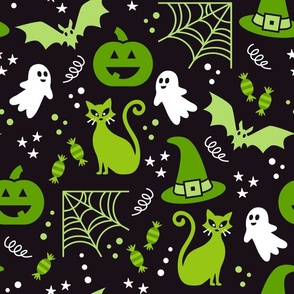 Large Halloween Ghosts Cats Pumpkins Bats Witch Hats Candy Spiders and Webs in White Black and Lime Green