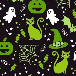 Medium Halloween Ghosts Cats Pumpkins Bats Witch Hats Candy Spiders and Webs in White Black and Lime Green