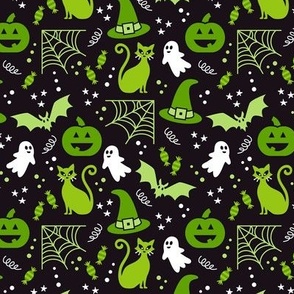 Small Halloween Ghosts Cats Pumpkins Bats Witch Hats Candy Spiders and Webs in White Black and Lime Green