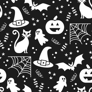 Medium Halloween Ghosts Cats Pumpkins Bats Witch Hats Candy Spiders and Webs in White and Black