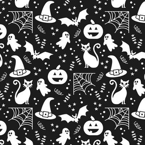 Small Halloween Ghosts Cats Pumpkins Bats Witch Hats Candy Spiders and Webs in White and Black